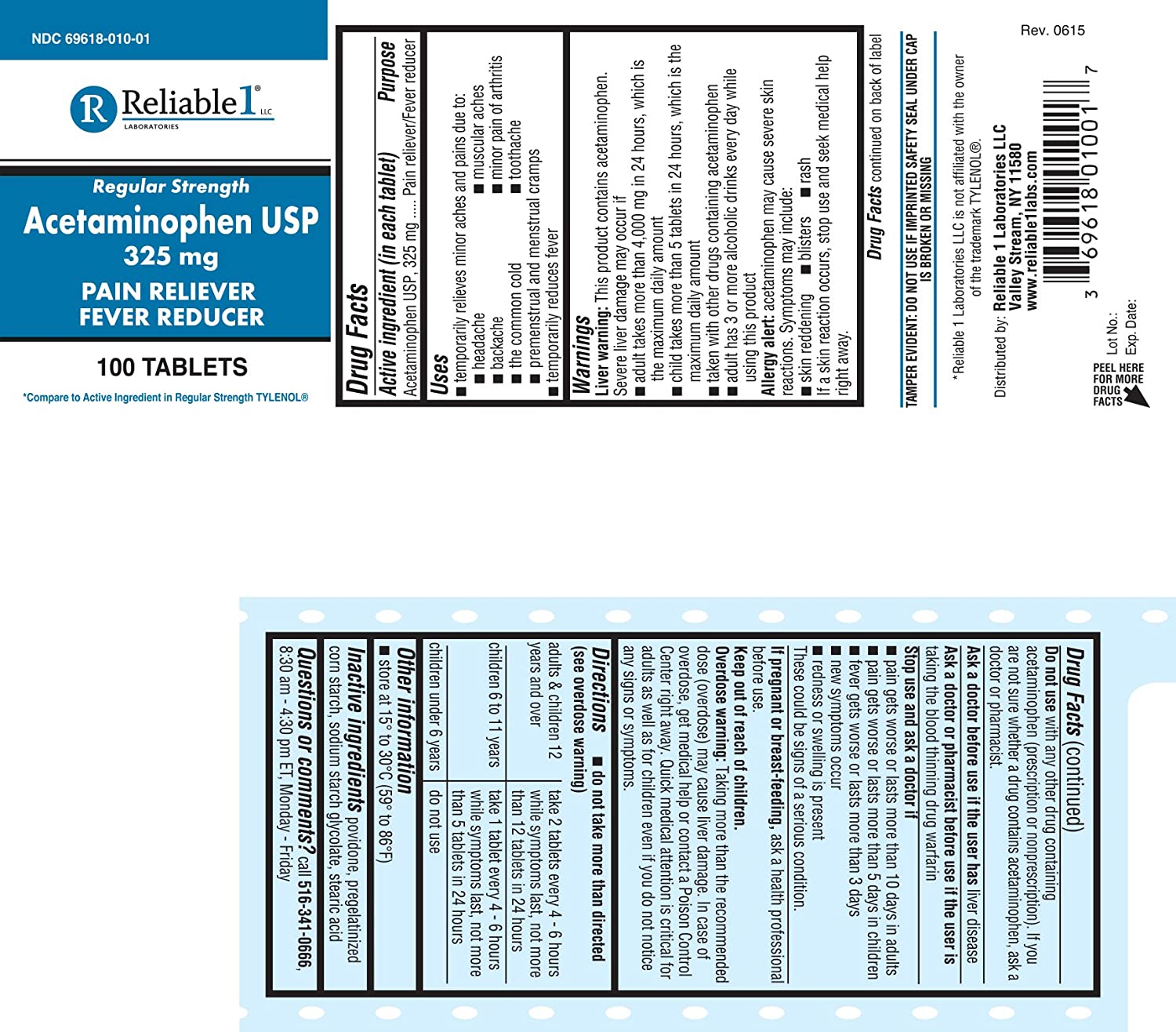 Acetaminophen Tab 325 mg by Reliable-1 Laboratories LLC  ID 69618-0010-01